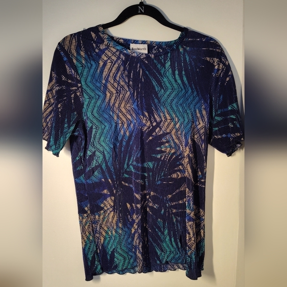 Bon Worth Blue and Gold Short Sleeve Top Size S #451